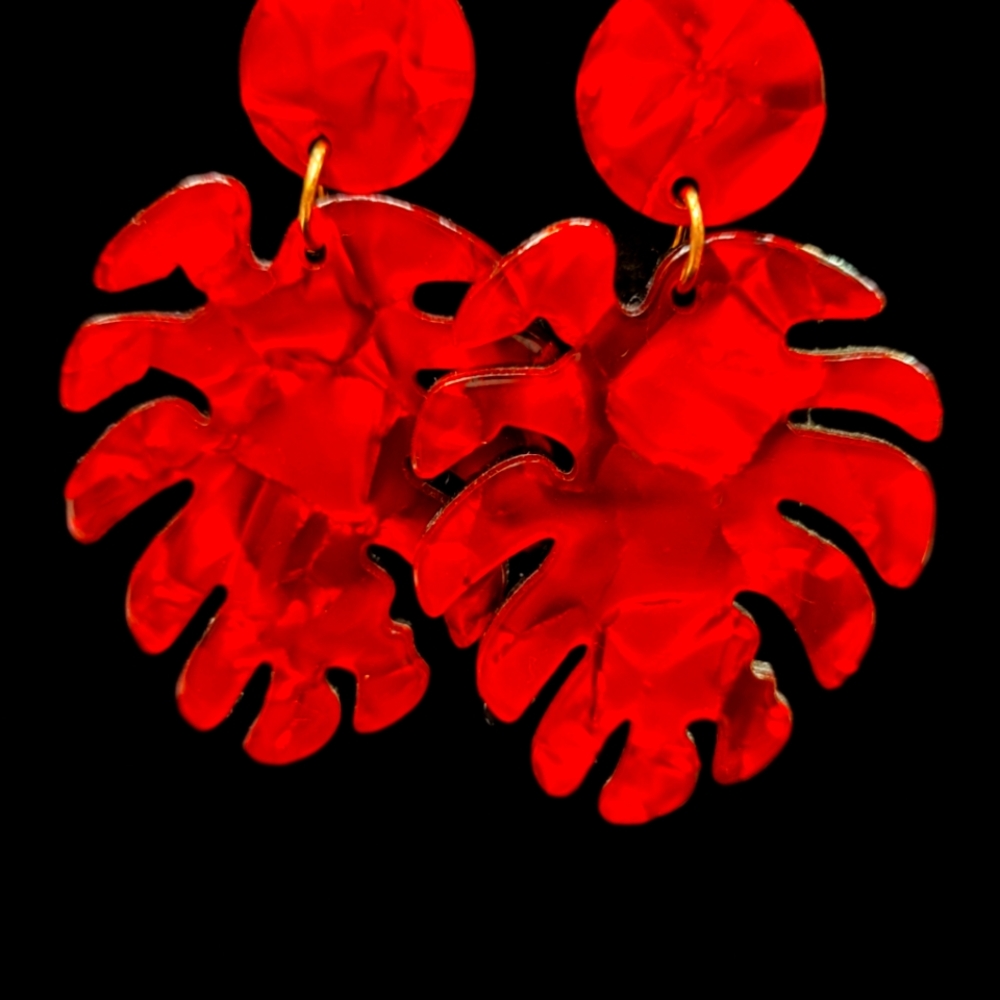 **SOLD** Shades of Red Marble Floral Acrylic Tortoise Post Earrings - Picture 4 of 4
